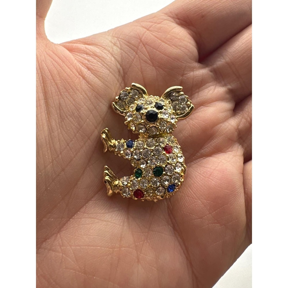 Vintage Whimsical Koala Bear Rhinestone Brooch Gold Tone Multi Color Stones J522